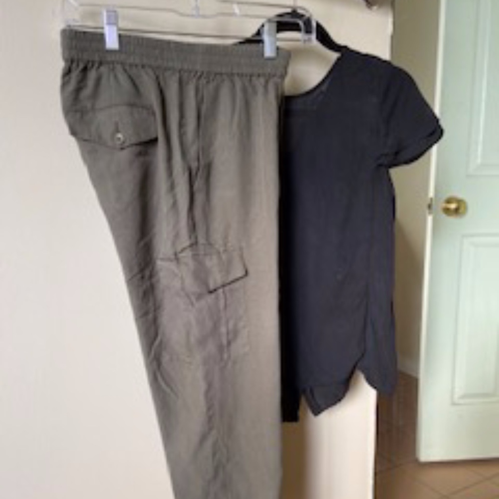 Joie black silk shirt and BCBG Maxaria green pants